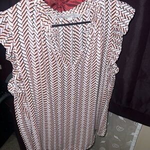 LOFT Pink and White Chevron Ruffle Sleeve Blouse